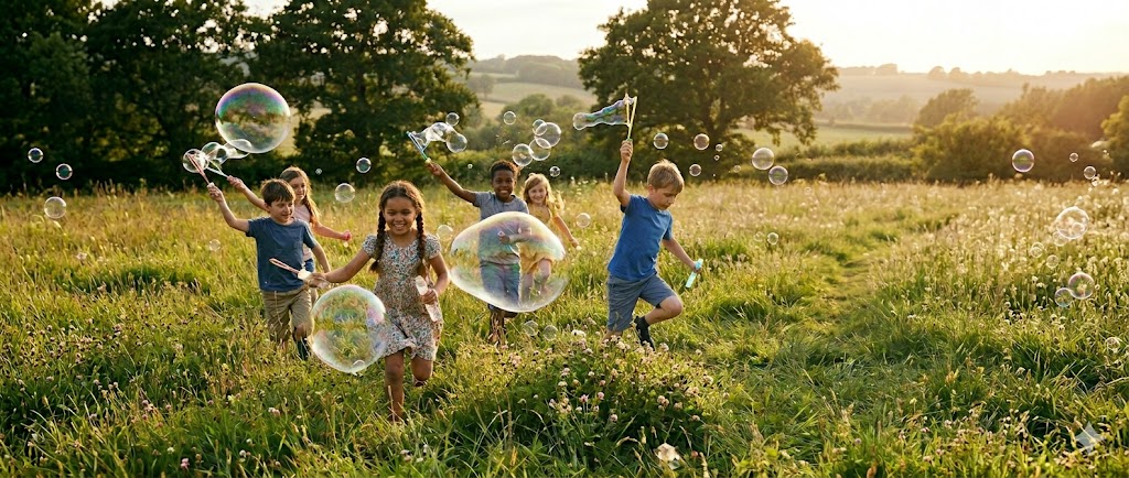 Image of kids playing with bubbles in a field.