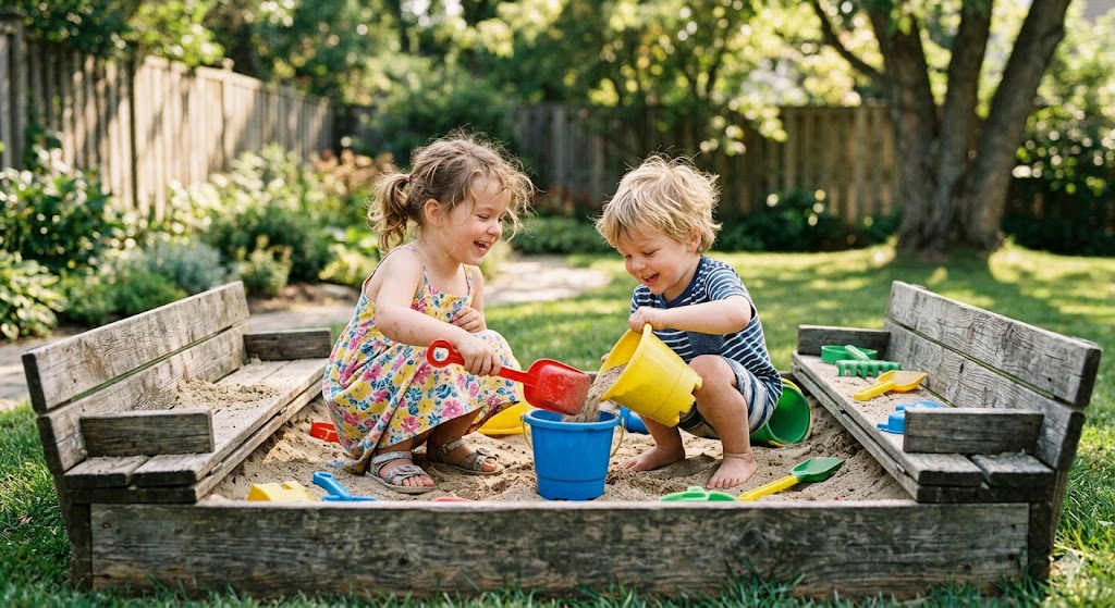Image of 2 kids playing in a sandbox.