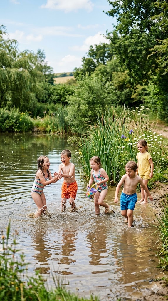 Image of kids playing in a river or pond.
